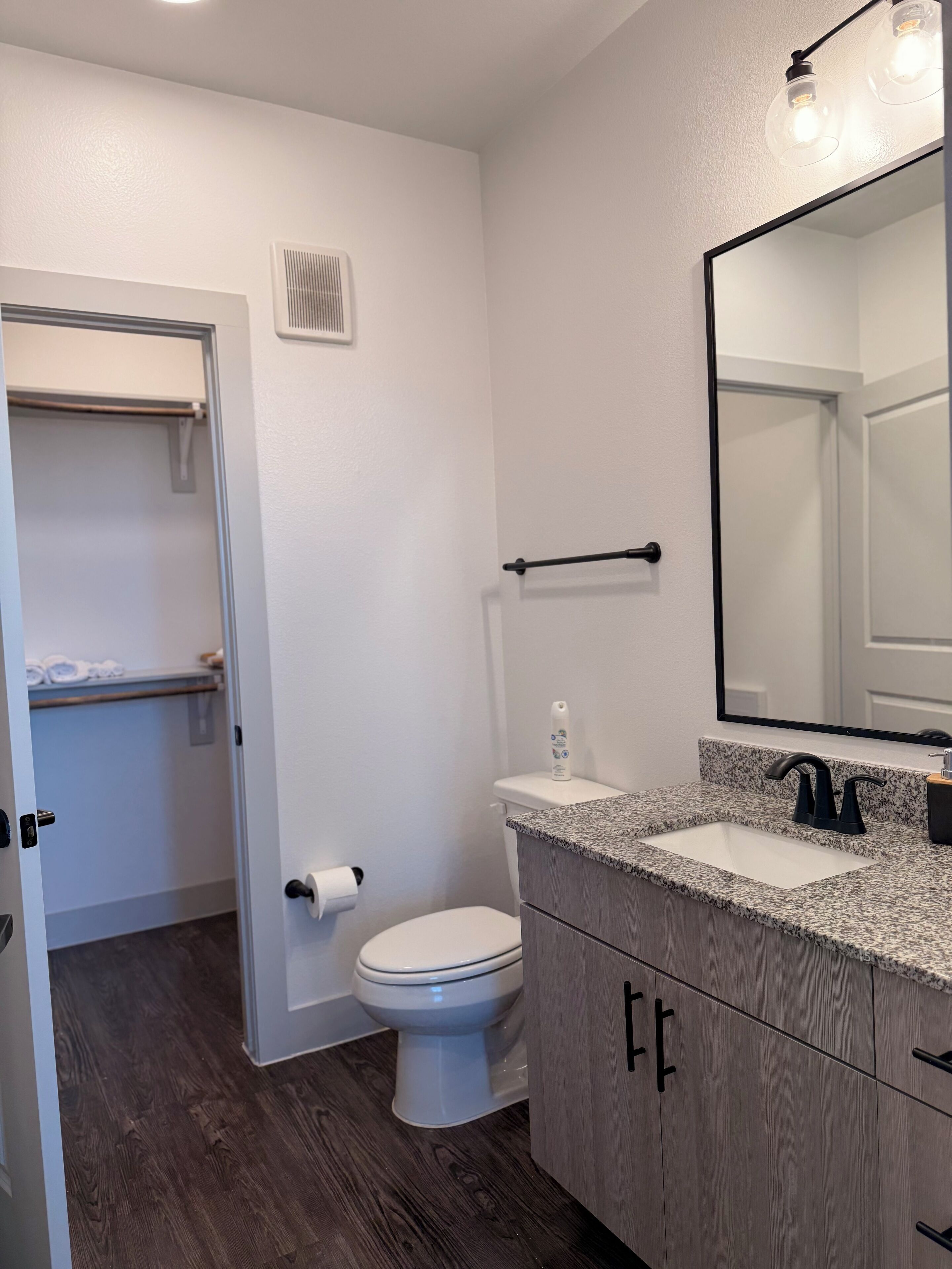 Shower, towels, soap, toilet paper