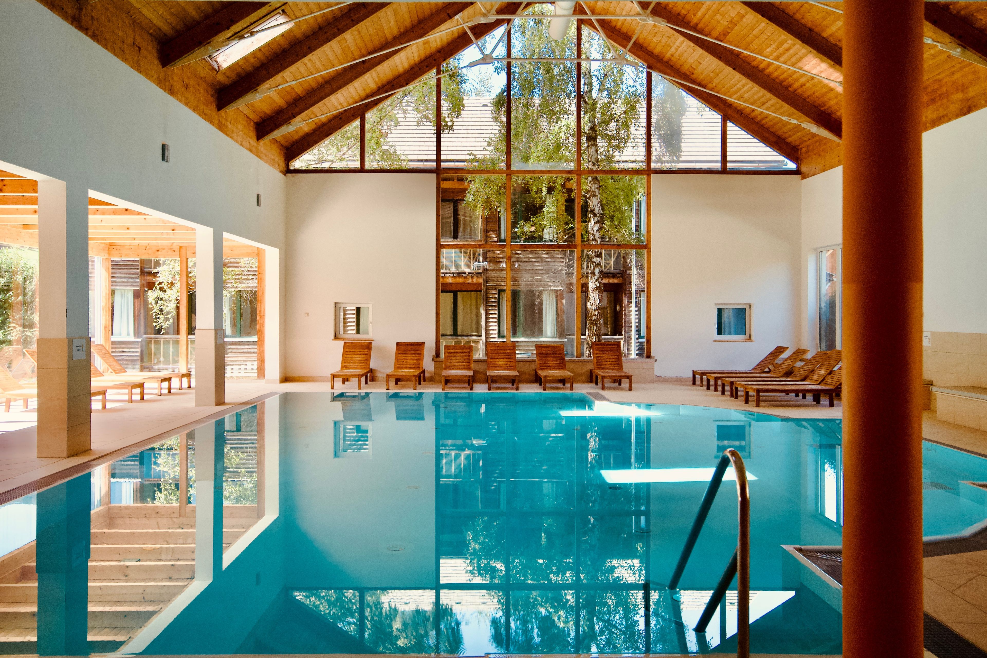 A swimming pool with wooden deck chairs, a wooden ceiling, and large windows.