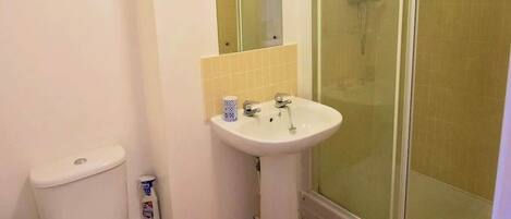 A bathroom with a toilet, sink, and glass-enclosed shower.