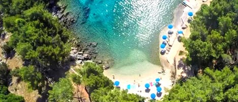 An aerial view of a beach with clear turquoise water, surrounded by dense green trees.