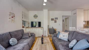 Ein modernes Wohnzimmer mit zwei grauen Sofas, einem Holztisch, einem Flachbildfernseher und einer Küche im Hintergrund.