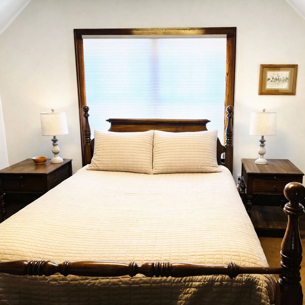 A bed with a wooden headboard, two bedside tables with lamps, and a framed picture on the wall.