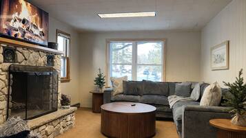 Smart TV, fireplace, DVD player, books