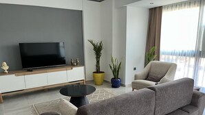 Un salon moderne avec un canapé gris, une table basse noire, un téléviseur posé sur un meuble en bois et deux plantes en pot.