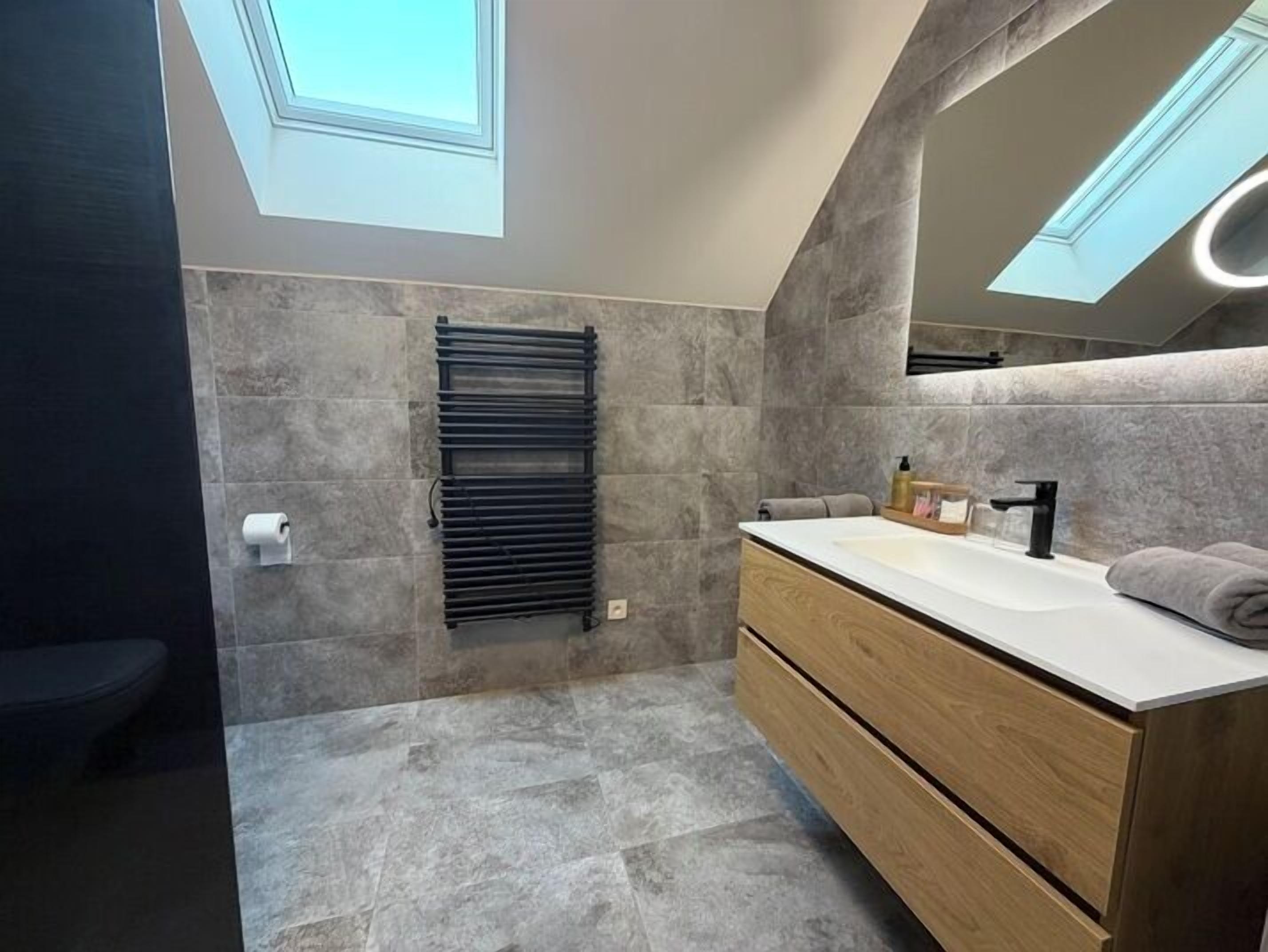 Un baño moderno con tragaluz, toallero, inodoro y tocador con espejo.