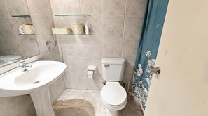 A bathroom with a white sink, a toilet, and a glass shelf with toiletries.