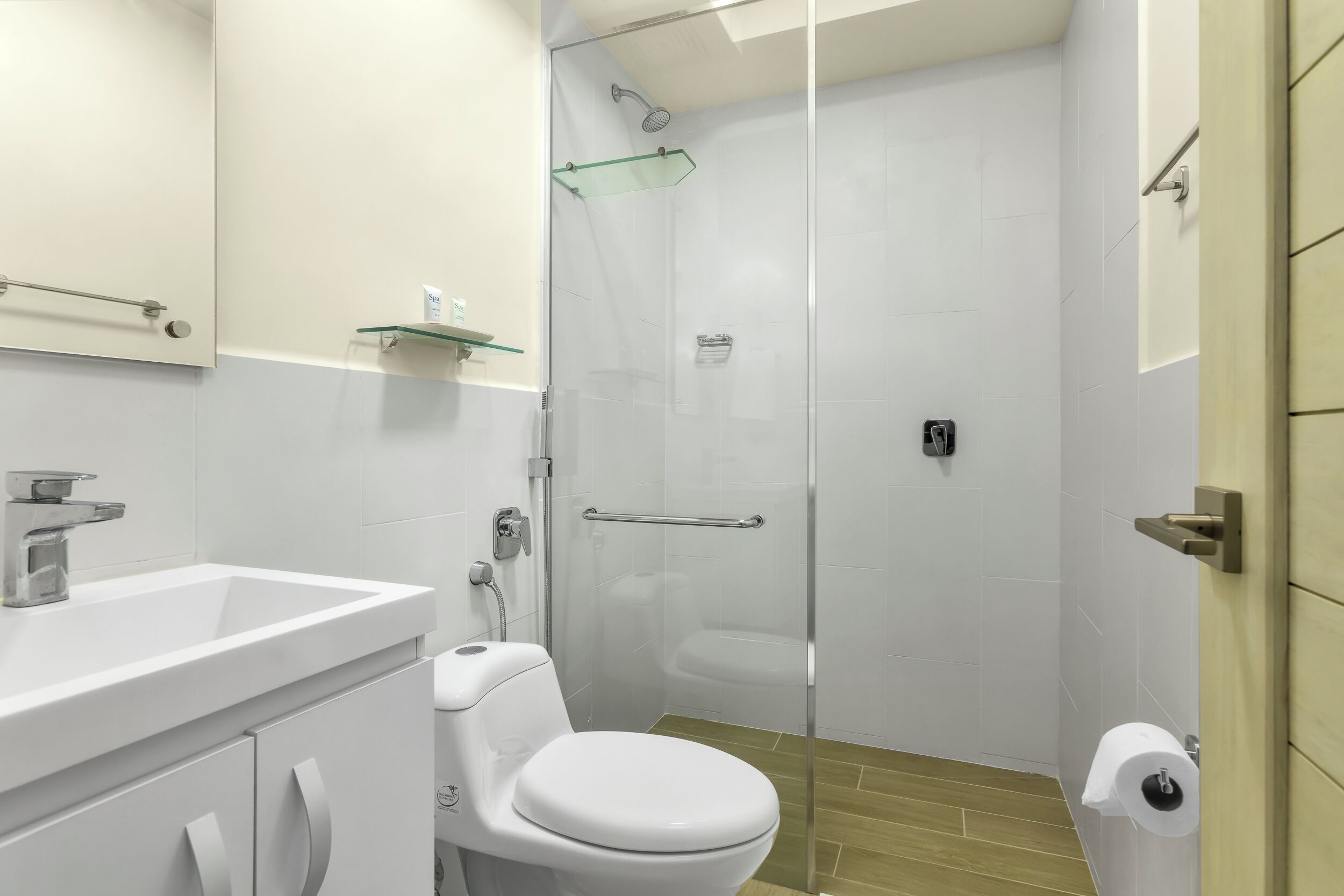 Une salle de bain moderne avec une douche à parois de verre, un lavabo blanc et des toilettes.