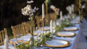 A table set for a formal outdoor event with white plates, gold rims, and clear glassware. - Woodsman Lodge Property Buyout - Luxe Space for 41 ppl in Eureka! (Eureka Springs)