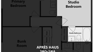 A floor plan of a studio apartment with labeled rooms including a primary bedroom, studio bedroom, bunk room, living room, kitchen, and balcony. - Après Haus Studio: Lock-off Unit w Pool, Hot Tubs, Sauna and Vail + BC Shuttle (Avon)