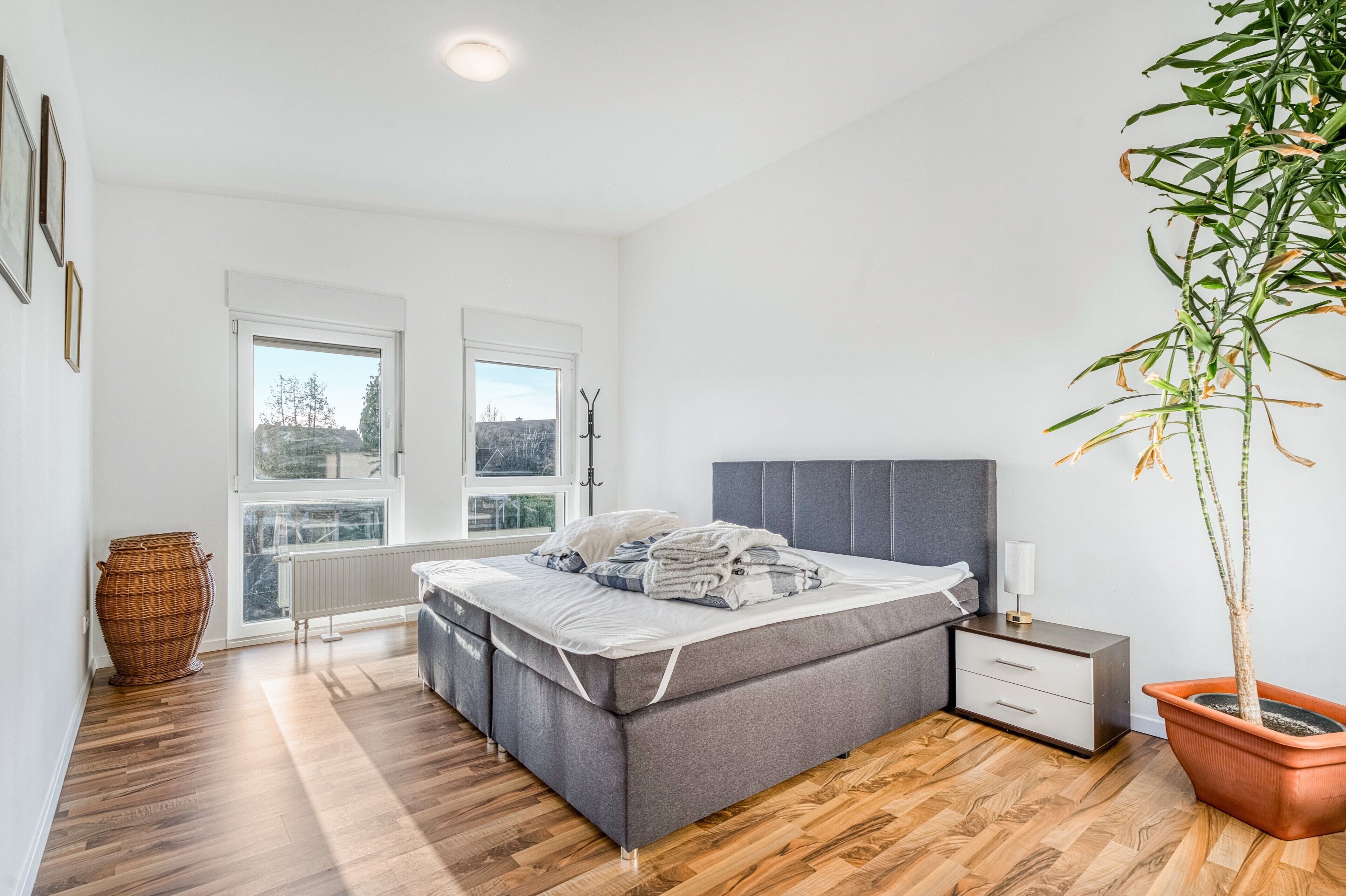 Een slaapkamer met een bed, nachtkastje, radiator, groot raam en een potplant.