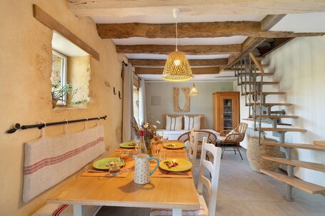 Dining. Holiday Home 'Gîte Les Orchidées' with Shared Pool, Private Terrace and Wi-Fi