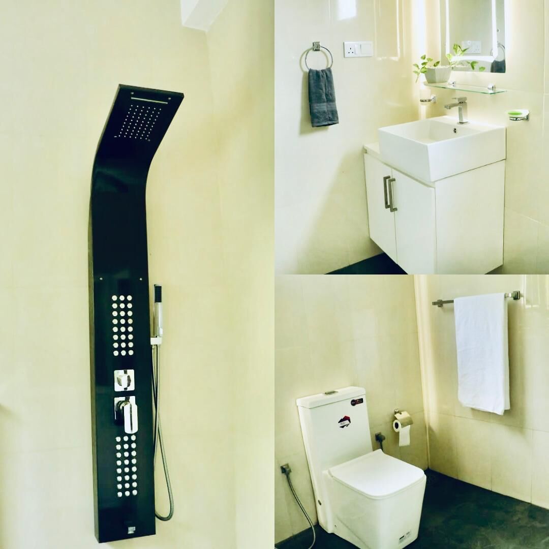 Hair dryer, towels, toilet paper