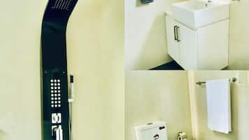 Hair dryer, towels, toilet paper