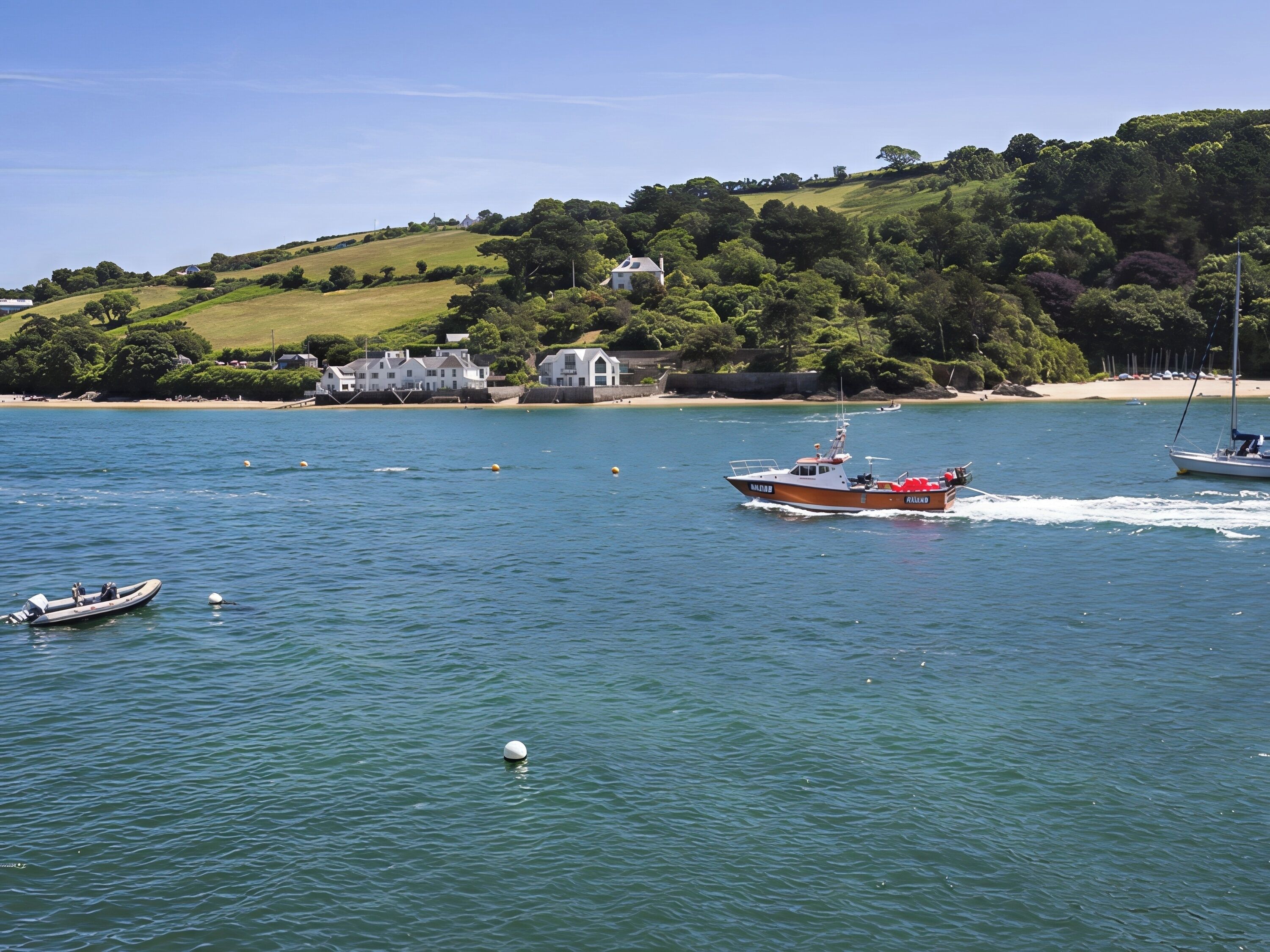 A coastal scene with boats on the water, a beach, and houses on a hillside.