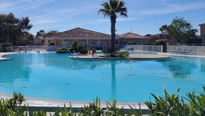 Una piscina con una palmera, rodeada por una valla, y edificios al fondo.