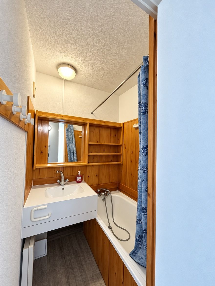Ein kleines Badezimmer mit einem Holzkosmetikschrank, einem Spiegel, einem Waschbecken und einer Duschkabine.