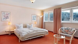A hotel room with a bed, a chair, two bedside lamps, and a window with curtains. - Apartment '7' with Wi-Fi (Hinterzarten)