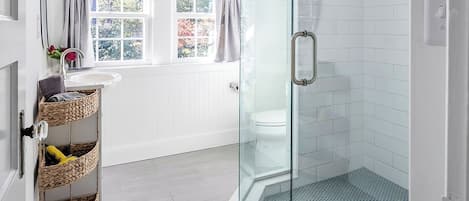 Shower, hair dryer, towels, soap