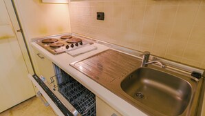 Uma cozinha com uma pia de aço inoxidável, uma máquina de lavar louça e um fogão com quatro bocas.