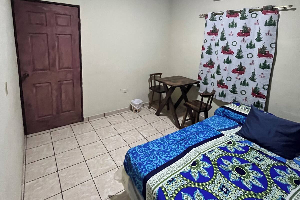 A bedroom with a bed, a desk, a chair, an air conditioner, and a door.
