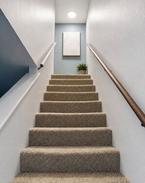 Eine Teppichstufen-Treppe mit Handlauf, ein gerahmtes Bild an der Wand und eine Topfpflanze am oberen Ende.