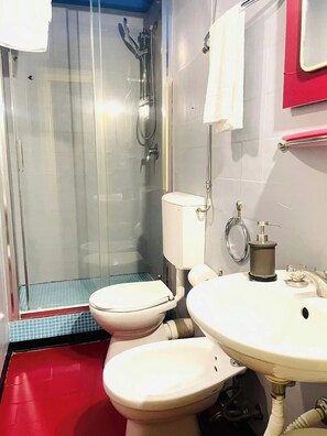 Shower, hair dryer, bidet, towels