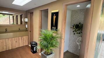 Shower, hydromassage showerhead, heated floors, towels