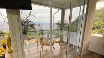 A spacious balcony with a glass door, wooden flooring, and a view of a cityscape.
