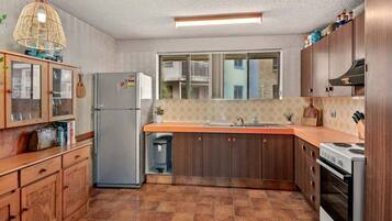 Fridge, microwave, stovetop, electric kettle