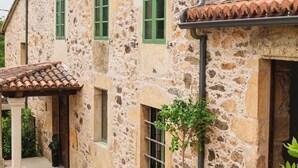 A stone building with green shutters, a tiled roof, and a potted plant. - CASA CON ENCANTO O REFUXIO (Vila de Cruces)