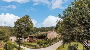 A residential area with a paved driveway leading to houses surrounded by lush greenery and trees. - CASA CON ENCANTO O REFUXIO (Vila de Cruces)