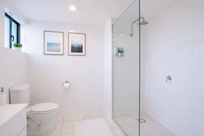 Dusche, Haartrockner, Handtücher, Shampoo
