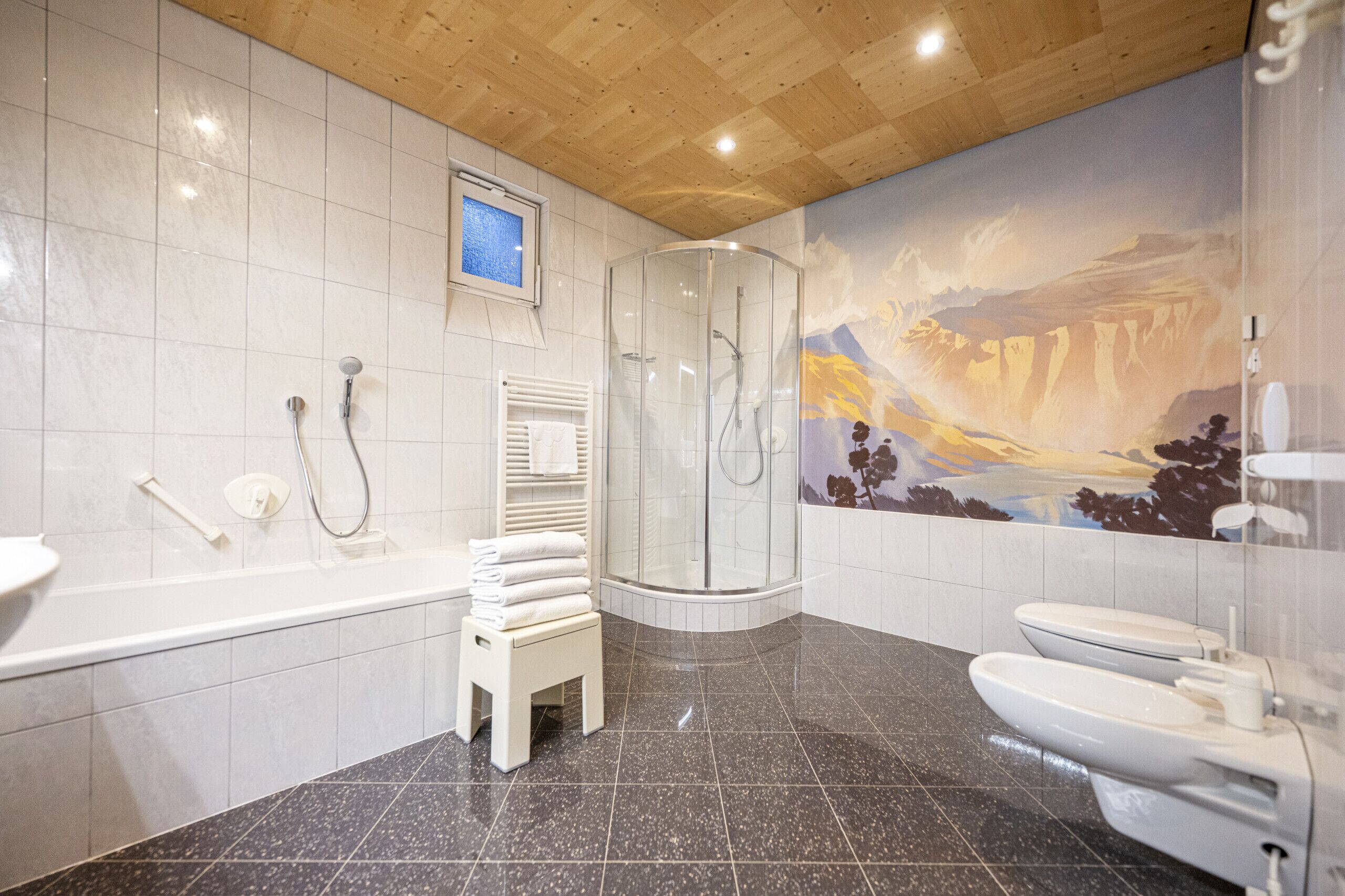 Een douche, een haardroger, een bidet, handdoeken