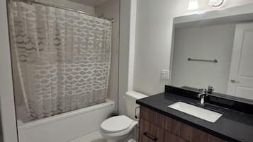 Hair dryer, towels, soap, toilet paper