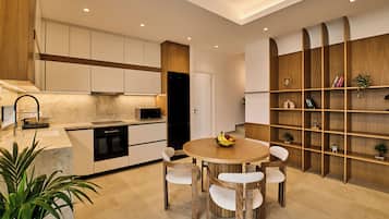 Family Villa, 2 Bedrooms, Private Pool, Sea View | Private kitchen | Full-sized fridge, microwave, oven, stovetop