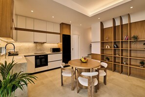 Family Villa, 2 Bedrooms, Private Pool, Sea View | Private kitchen | Full-size fridge, microwave, oven, stovetop - POLYTELIA | Luxury Living (Hersonissos)