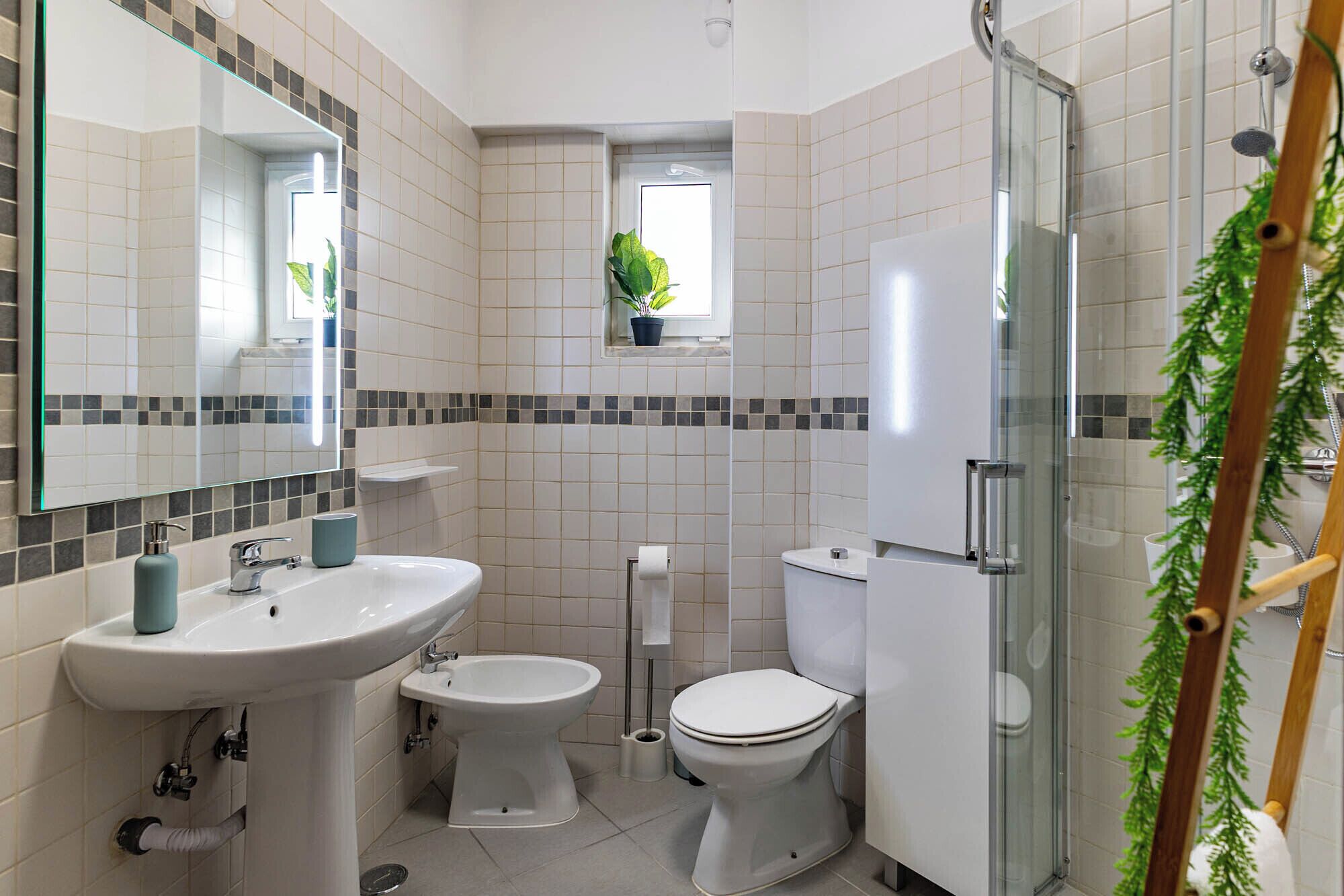 Een douche, een haardroger, een bidet, handdoeken
