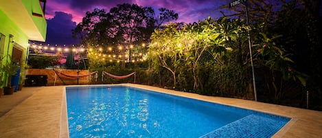 A swimming pool with a tiled edge, surrounded by greenery and string lights.