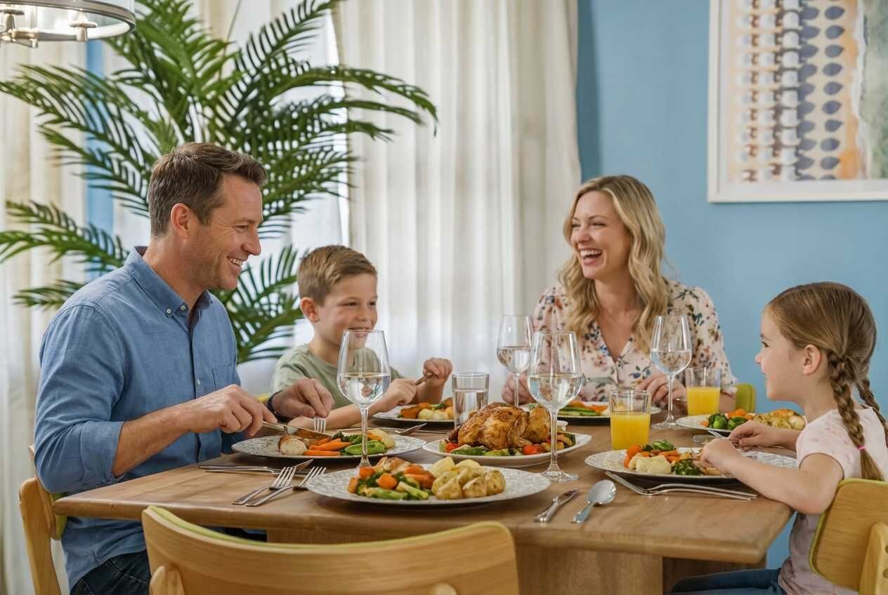 Una familia cenando en una mesa con diferentes platos, vasos y una planta al fondo.