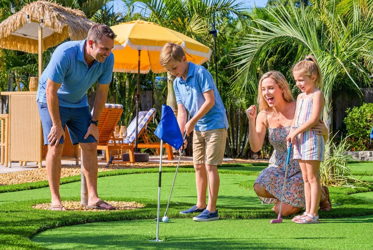 En familie spiller golf på en velholdt bane, med en stråtækt parasol og fletningsmøbler i baggrunden.