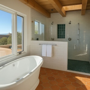 Shower, jetted bath, hair dryer, bidet - Luxury Adobe Estate Above Santa Fe with Vistas & Spa-Inspired Amenities (Santa Fe)