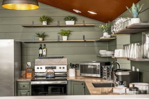 A modern kitchen with a stainless steel refrigerator, a stove with a kettle, a microwave, and a sink. There are potted plants on shelves above the counter. - Timberveil Retreat near Breckenridge, Hot Tub, Sauna, Game Garage, Pets, Sleeps 10 (Fairplay)