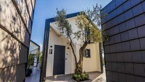 Un edificio moderno con una puerta marcada con el número '3', un pequeño árbol y un camino empedrado.
