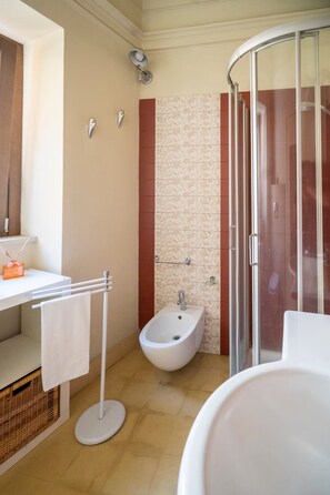 Regadera, secadora de cabello, bidet, toallas 