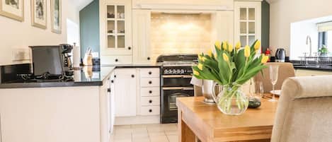 Fridge, microwave, electric kettle, toaster