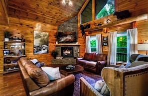 TV, fireplace - NEW! The Cowboy-5BR Cabin w/HT, Game Room & Pool Access (Sevierville)