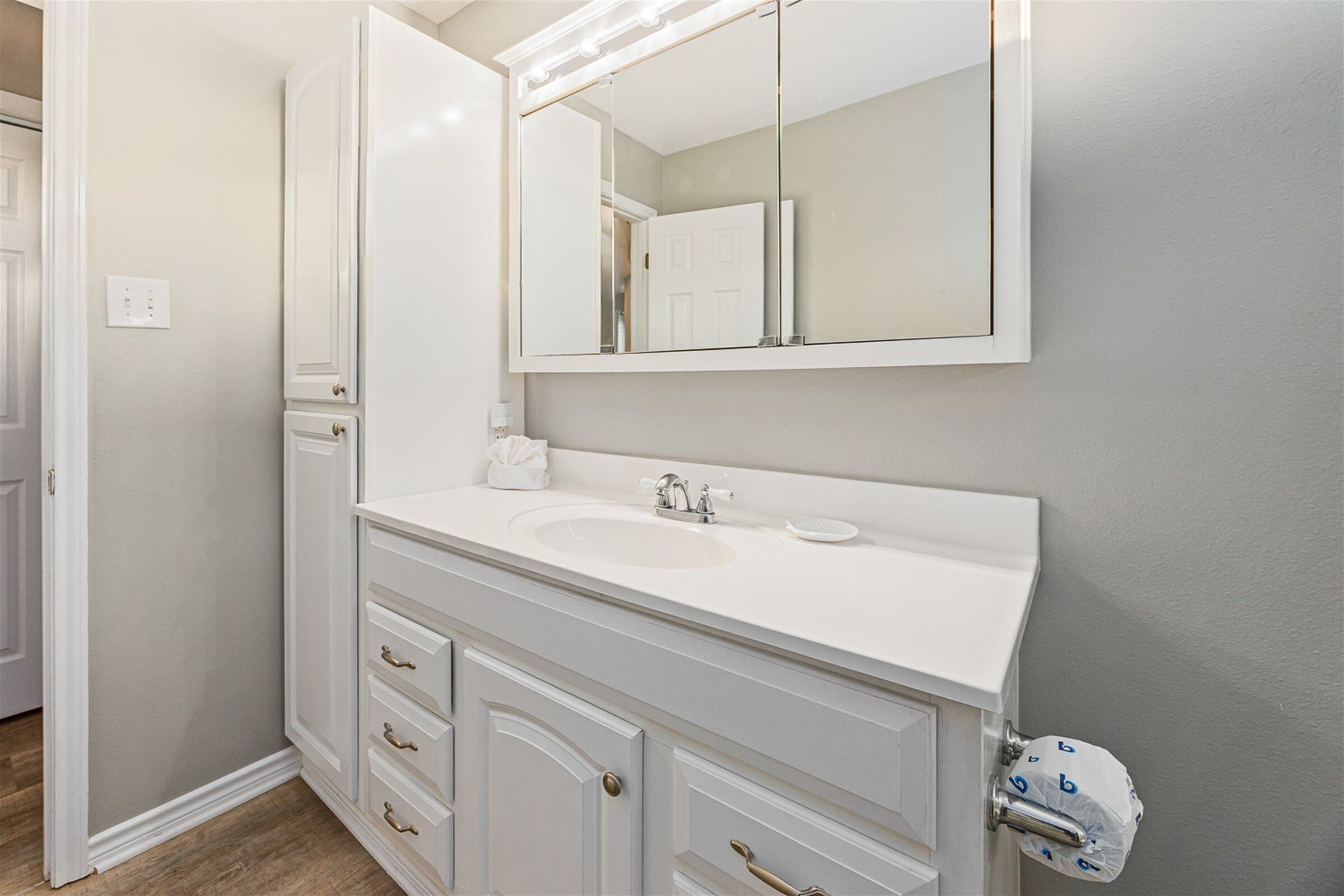 A bathroom with a white vanity, a large mirror, and a sink.