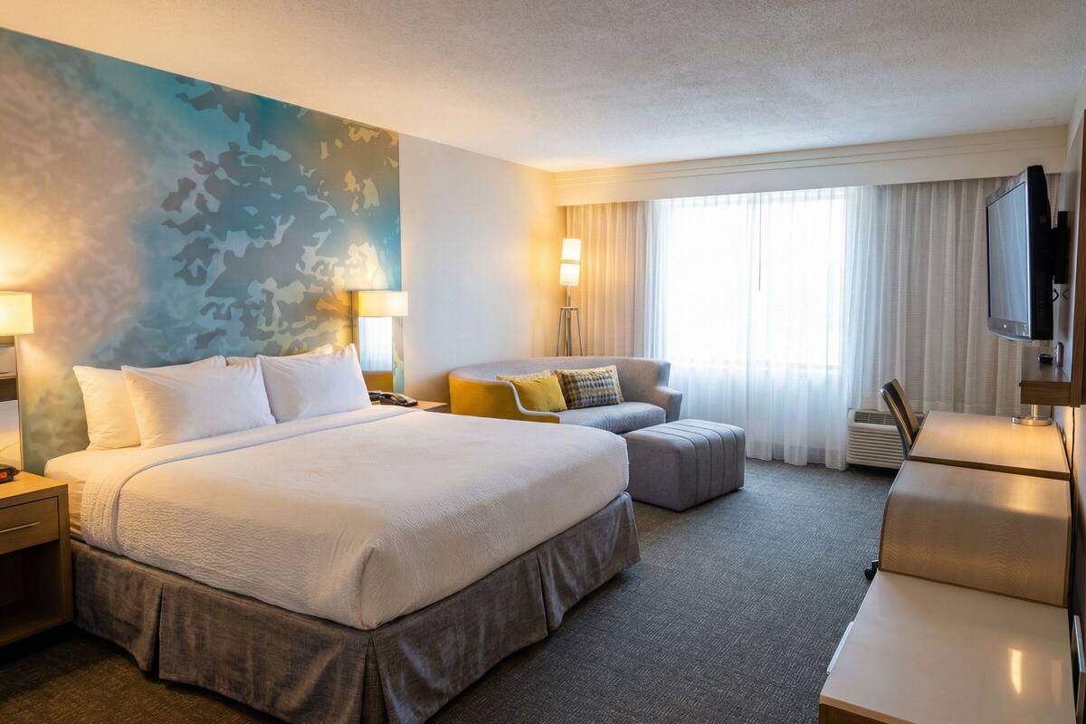 Una habitación de hotel con una cama grande, un sofá, un escritorio y una televisión.