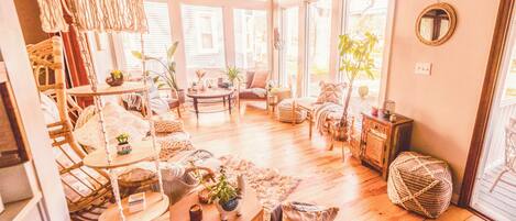 Smart TV, fireplace, books