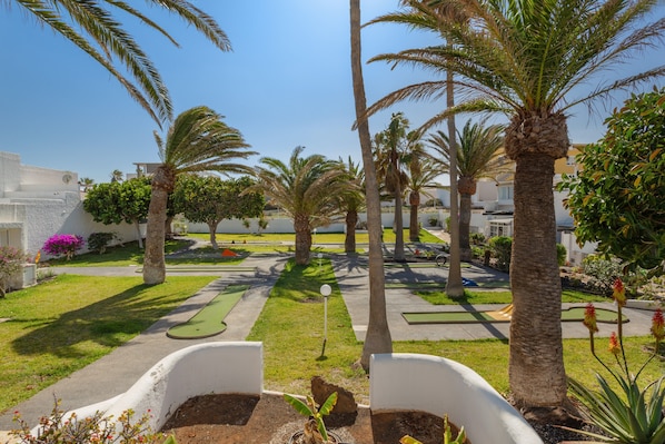 A courtyard with palm trees, a green lawn, and a small pool.